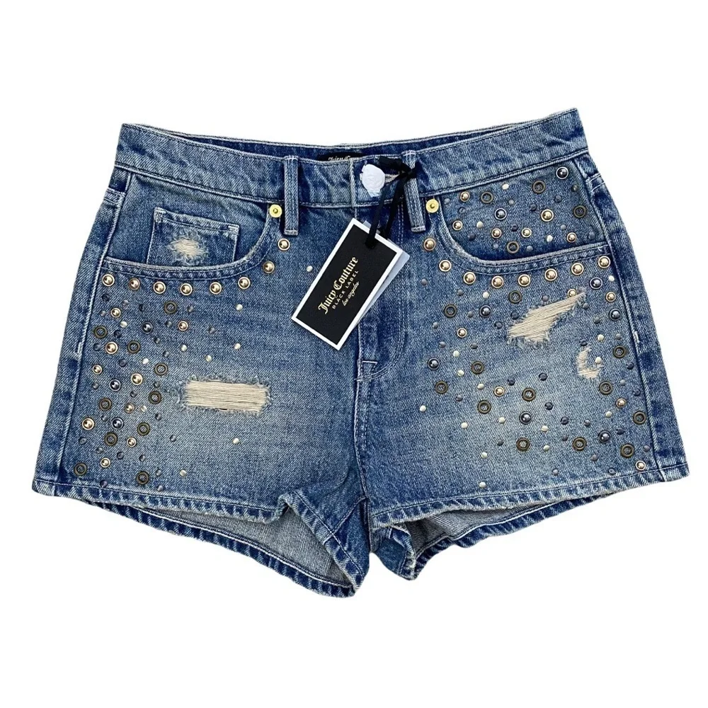 Juicy Couture Blue Denim Distressed Studded Shorts NWT Size 26